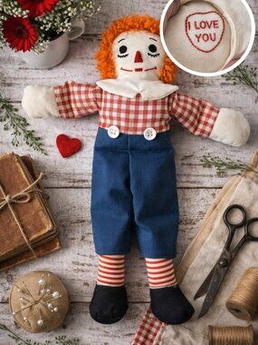 Vintage Handmade Rag Doll Folk Art 12” I Love You Heart Country Primitive